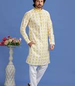 yellow embroidery cotton fabric with digital print straight kurta pajama for men