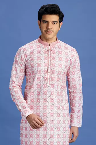 pink embroidery cotton fabric with digital print straight kurta pajama for men