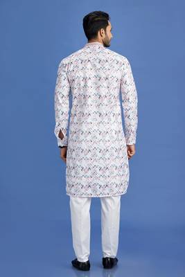 multi colour pink/blue  embroidery cotton fabric with digital print straight kurta pajama for men 4