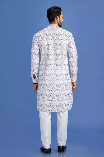 multi colour pink/blue  embroidery cotton fabric with digital print straight kurta pajama for men