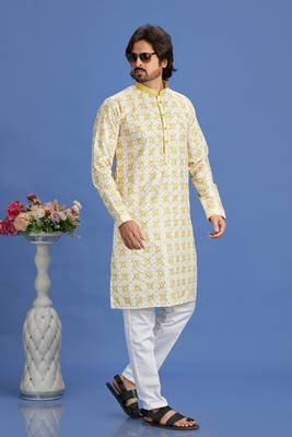 yellow embroidery cotton fabric with digital print straight kurta pajama for men 2