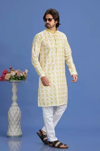 yellow embroidery cotton fabric with digital print straight kurta pajama for men