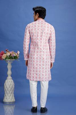 pink embroidery cotton fabric with digital print straight kurta pajama for men 4