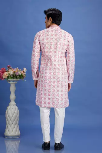 pink embroidery cotton fabric with digital print straight kurta pajama for men