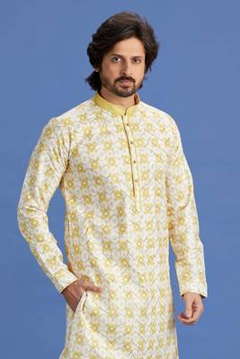 yellow embroidery cotton fabric with digital print straight kurta pajama for men 3