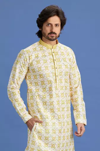 yellow embroidery cotton fabric with digital print straight kurta pajama for men