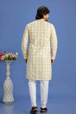 yellow embroidery cotton fabric with digital print straight kurta pajama for men 4