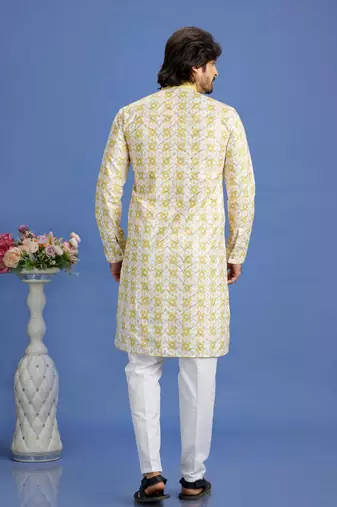 yellow embroidery cotton fabric with digital print straight kurta pajama for men