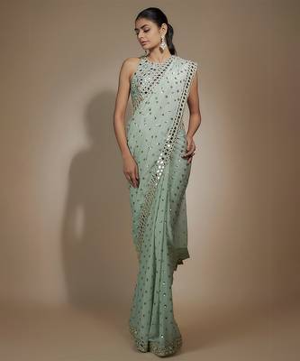 Sea green chinon sequins & mirror hand embroidered saree set 1