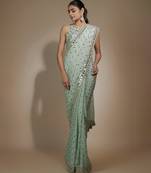 Sea green chinon sequins & mirror hand embroidered saree set