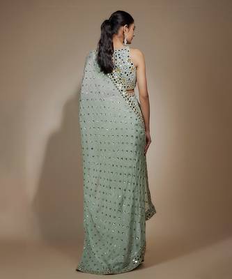 Sea green chinon sequins & mirror hand embroidered saree set 2