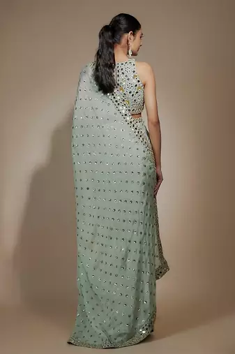 Sea green chinon sequins & mirror hand embroidered saree set