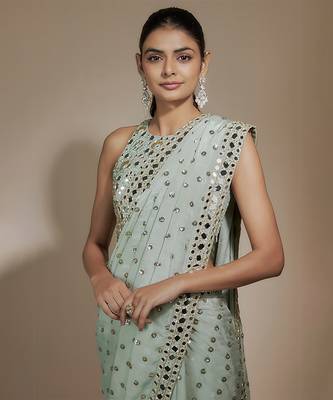 Sea green chinon sequins & mirror hand embroidered saree set 3