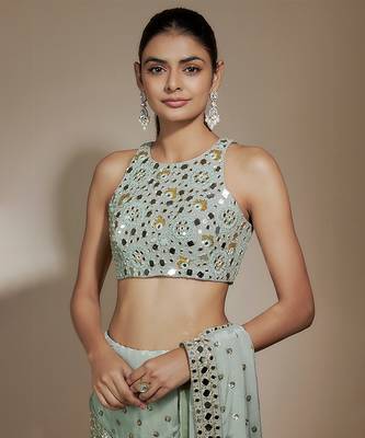Sea green chinon sequins & mirror hand embroidered saree set 4