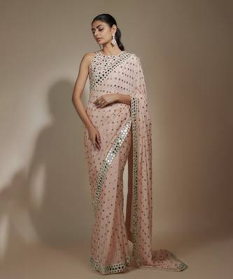 Peach chinon sequins & mirror hand embroidered saree set 1