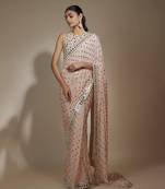 Peach chinon sequins & mirror hand embroidered saree set