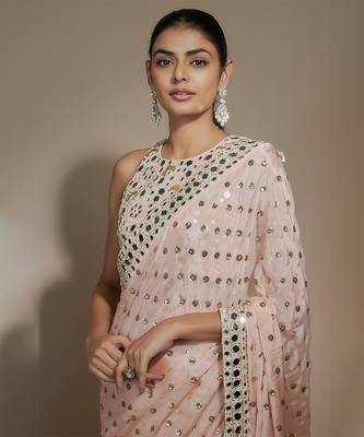 Peach chinon sequins & mirror hand embroidered saree set 2