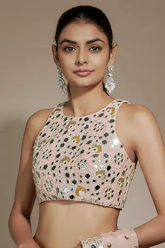 Peach chinon sequins & mirror hand embroidered saree set