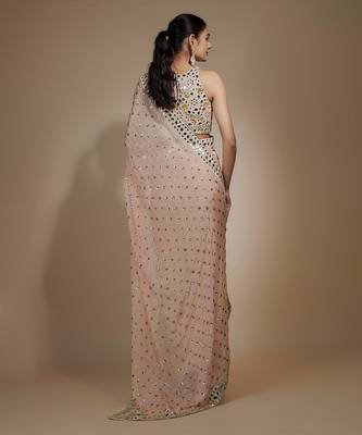 Peach chinon sequins & mirror hand embroidered saree set 4