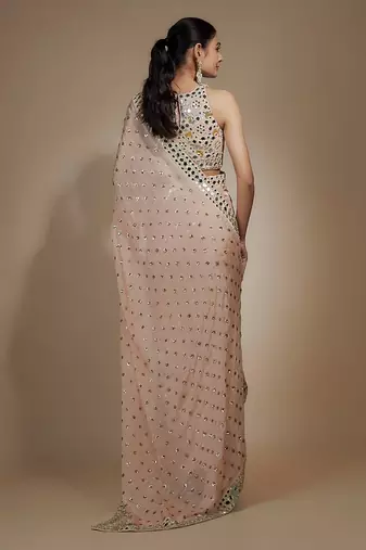 Peach chinon sequins & mirror hand embroidered saree set