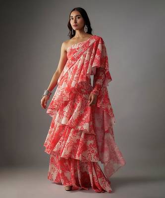 Pink georgette digital printed pre-draped saree set 1