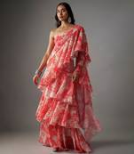 Pink georgette digital printed pre-draped saree set