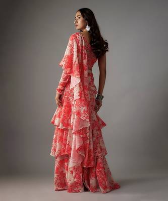 Pink georgette digital printed pre-draped saree set 2