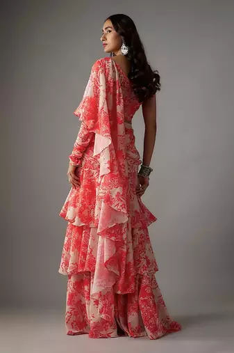 Pink georgette digital printed pre-draped saree set