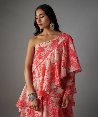 Pink georgette digital printed pre-draped saree set 3