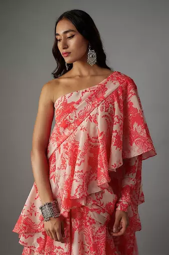 Pink georgette digital printed pre-draped saree set