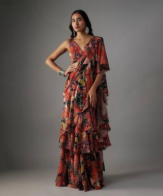 Rust georgette digital printed pre-draped saree set 1