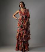 Rust georgette digital printed pre-draped saree set