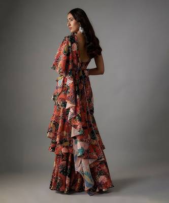 Rust georgette digital printed pre-draped saree set 2