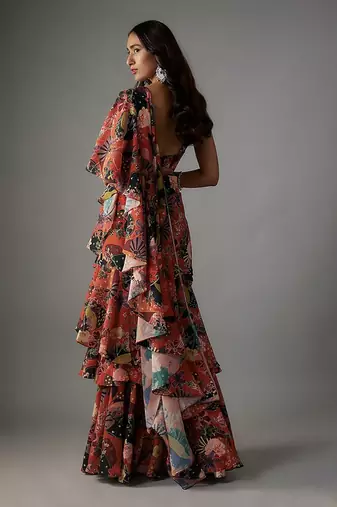 Rust georgette digital printed pre-draped saree set