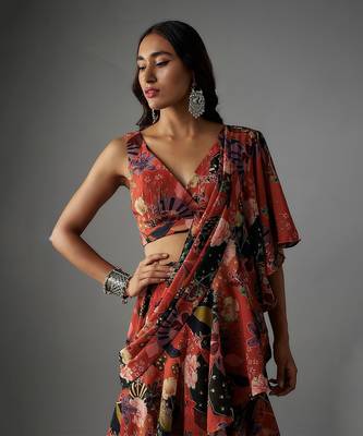 Rust georgette digital printed pre-draped saree set 3
