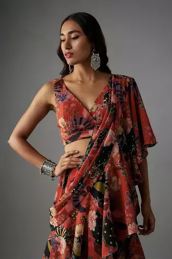 Rust georgette digital printed pre-draped saree set