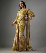 Green georgette digital printed pre-draped saree set