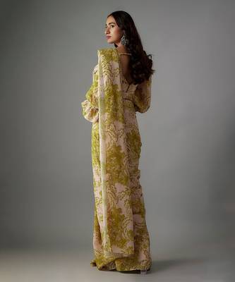 Green georgette digital printed pre-draped saree set 2