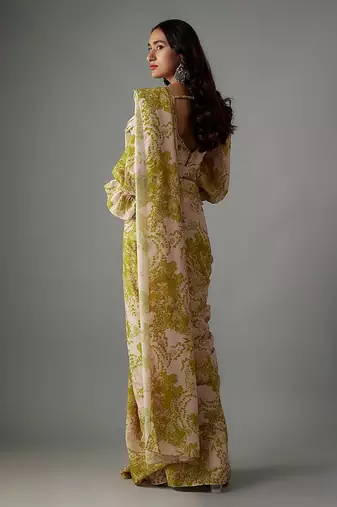 Green georgette digital printed pre-draped saree set