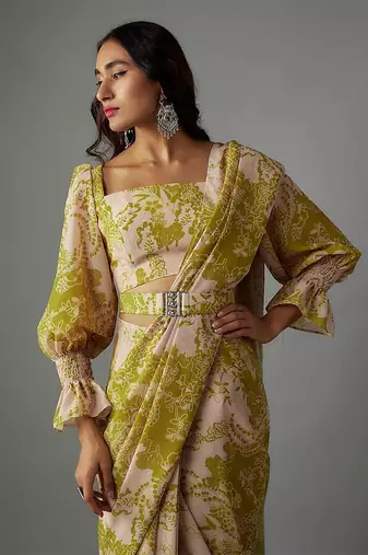 Green georgette digital printed pre-draped saree set