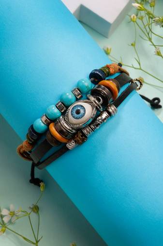  men's evil eye multi-coloured leather wraparound bracelet