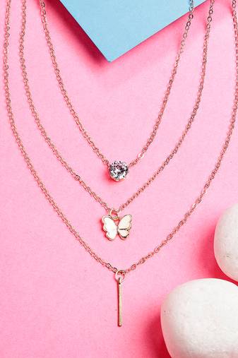 Nvr women's rose gold-plated artificial stones butterfly-shaped layered chain