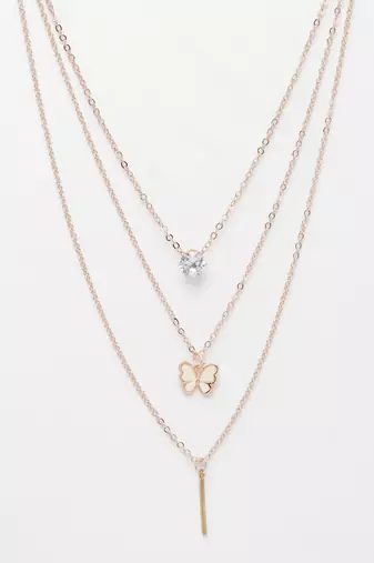 Nvr women's rose gold-plated artificial stones butterfly-shaped layered chain
