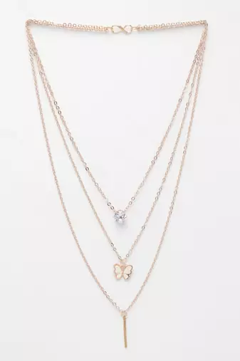 Nvr women's rose gold-plated artificial stones butterfly-shaped layered chain