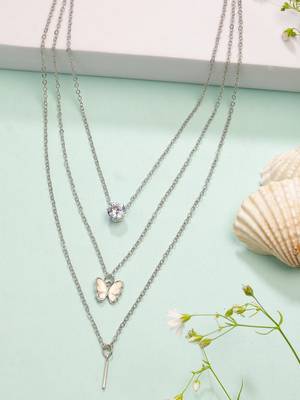 Nvr women's silver-toned artificial stones butterfly-shaped layered chain 1