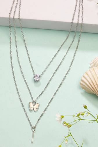 Nvr women's silver-toned artificial stones butterfly-shaped layered chain