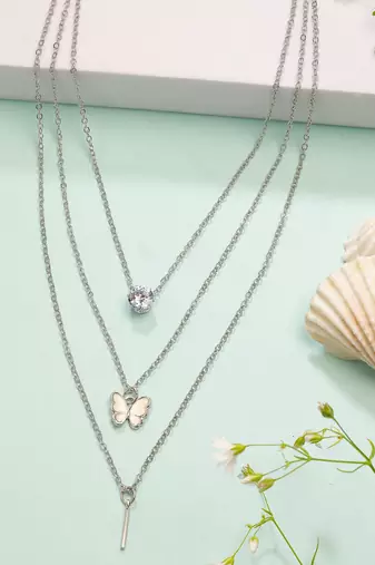 Nvr women's silver-toned artificial stones butterfly-shaped layered chain