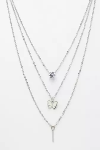 Nvr women's silver-toned artificial stones butterfly-shaped layered chain