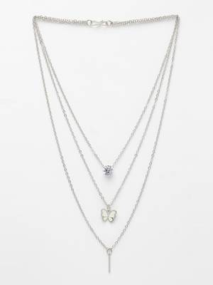 Nvr women's silver-toned artificial stones butterfly-shaped layered chain 3