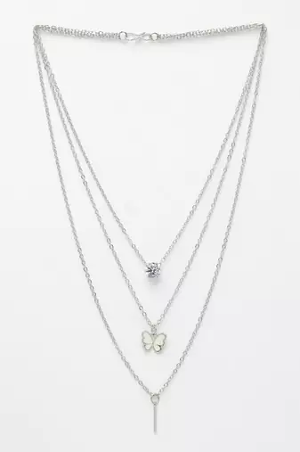 Nvr women's silver-toned artificial stones butterfly-shaped layered chain